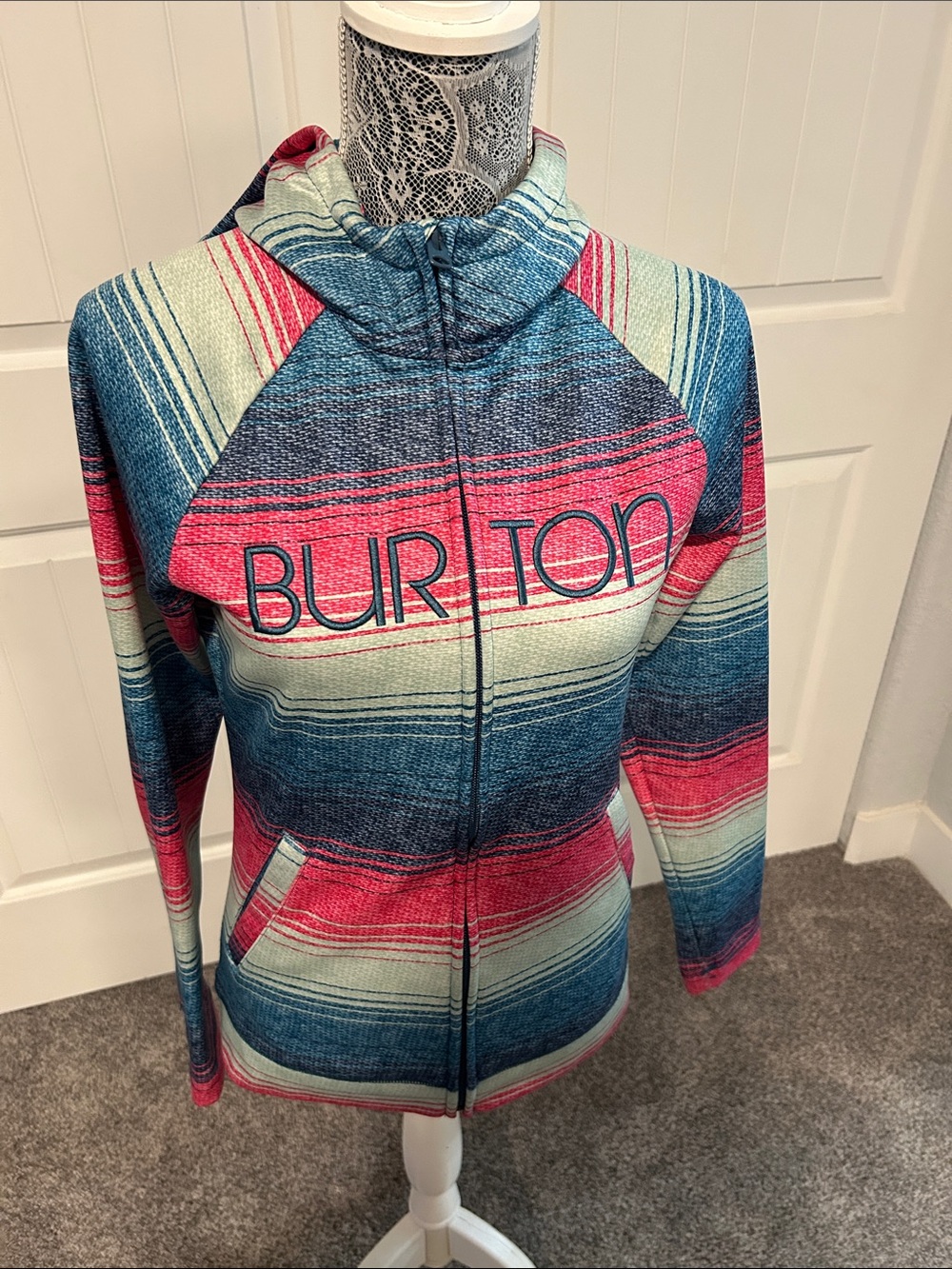 Burton Striped Zip Hoodie in Teal, Coral & Cream S